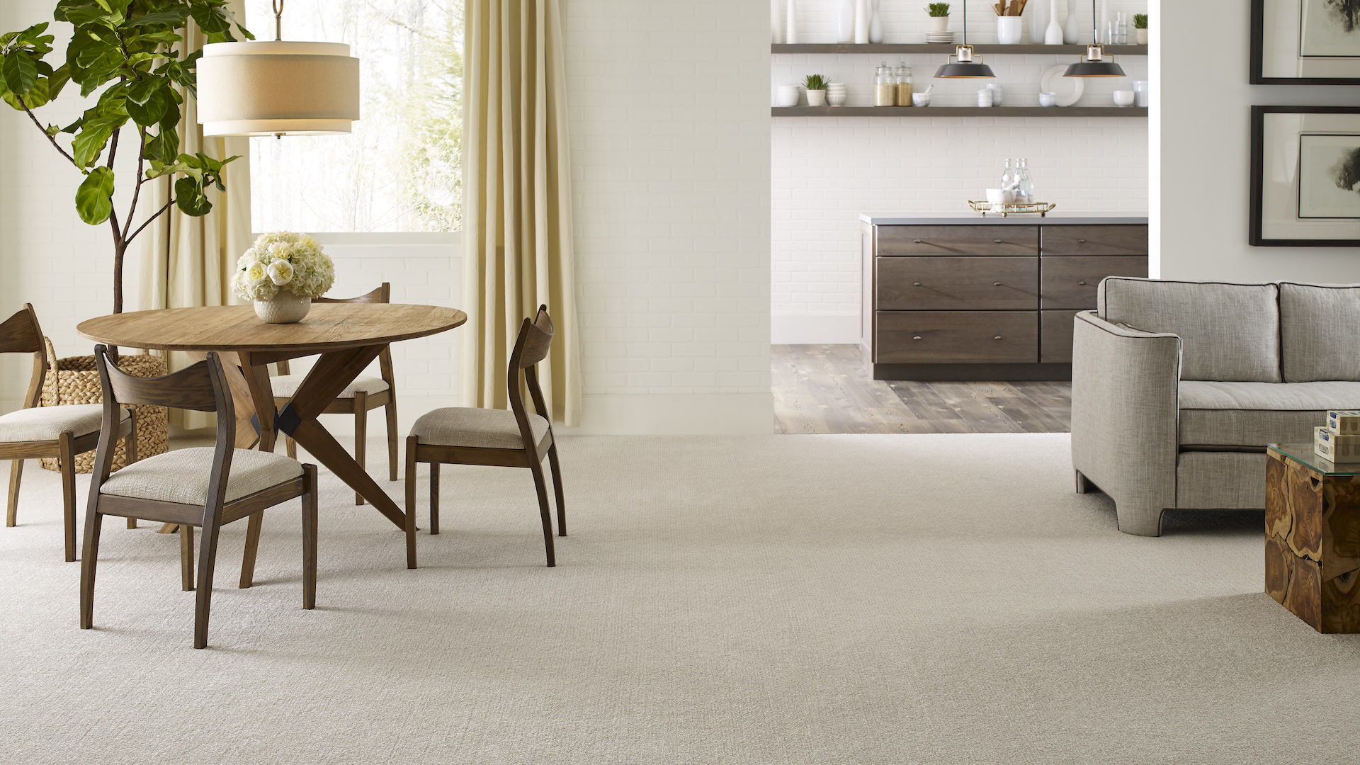durable beige carpets in a living and dining room
