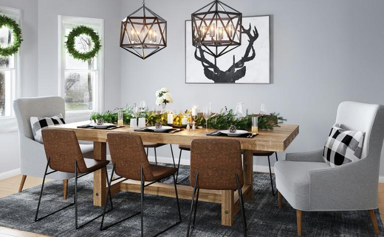 dining room with blue area rug and holiday decor